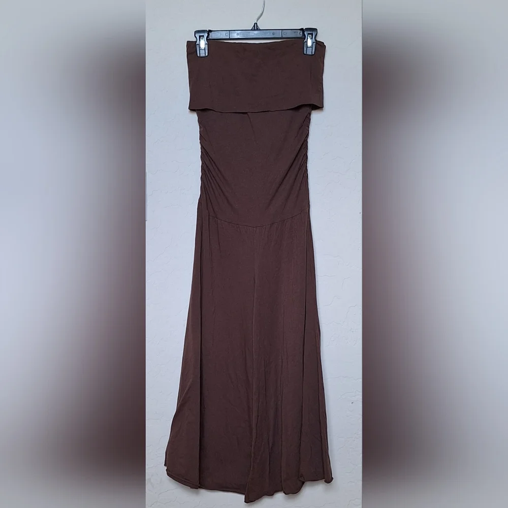 GUESS Y2K Wide Leg Crop Jumpsuit Bardot Drop Waist Brown Cotton Jersey Boho XS - Picture 4 of 10